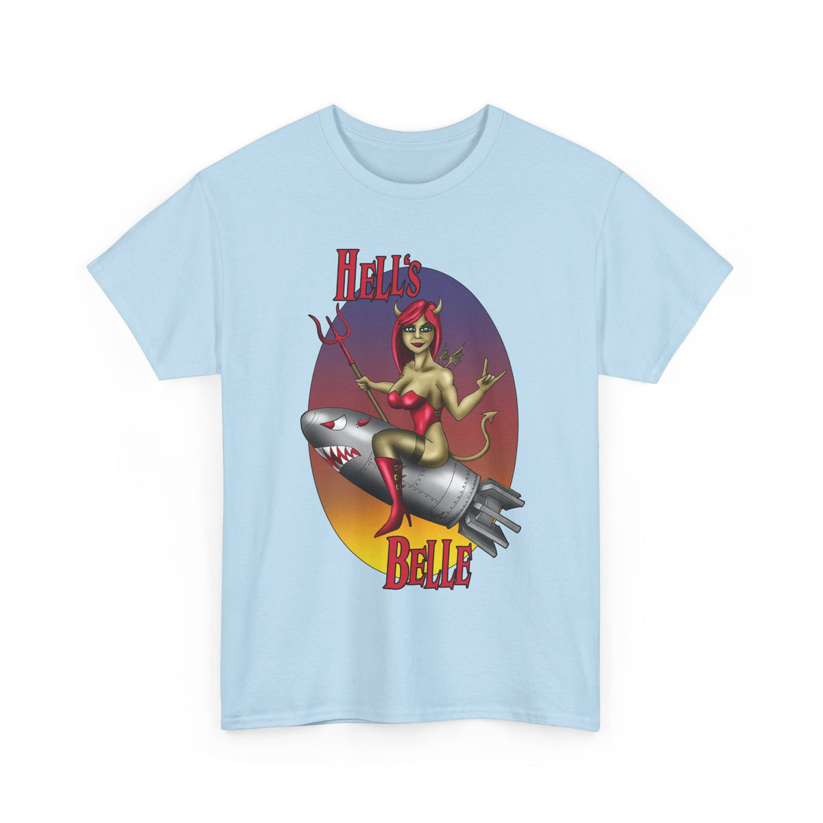 Hell's Belle Nose Art Pinup Tee - Retro Devil Girl Riding Rocket Graphic T-Shirt