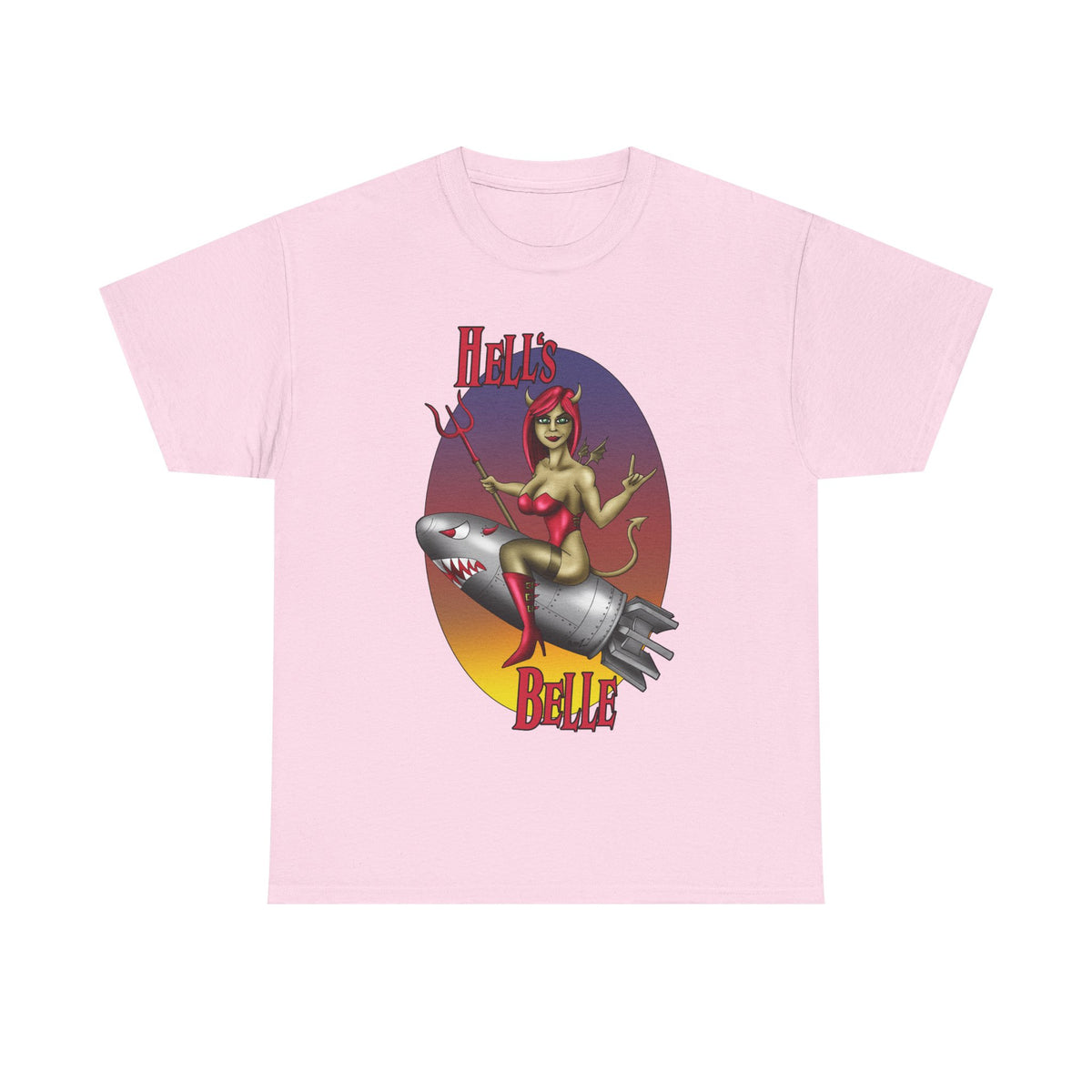 Hell's Belle Nose Art Pinup Tee - Retro Devil Girl Riding Rocket Graphic T-Shirt