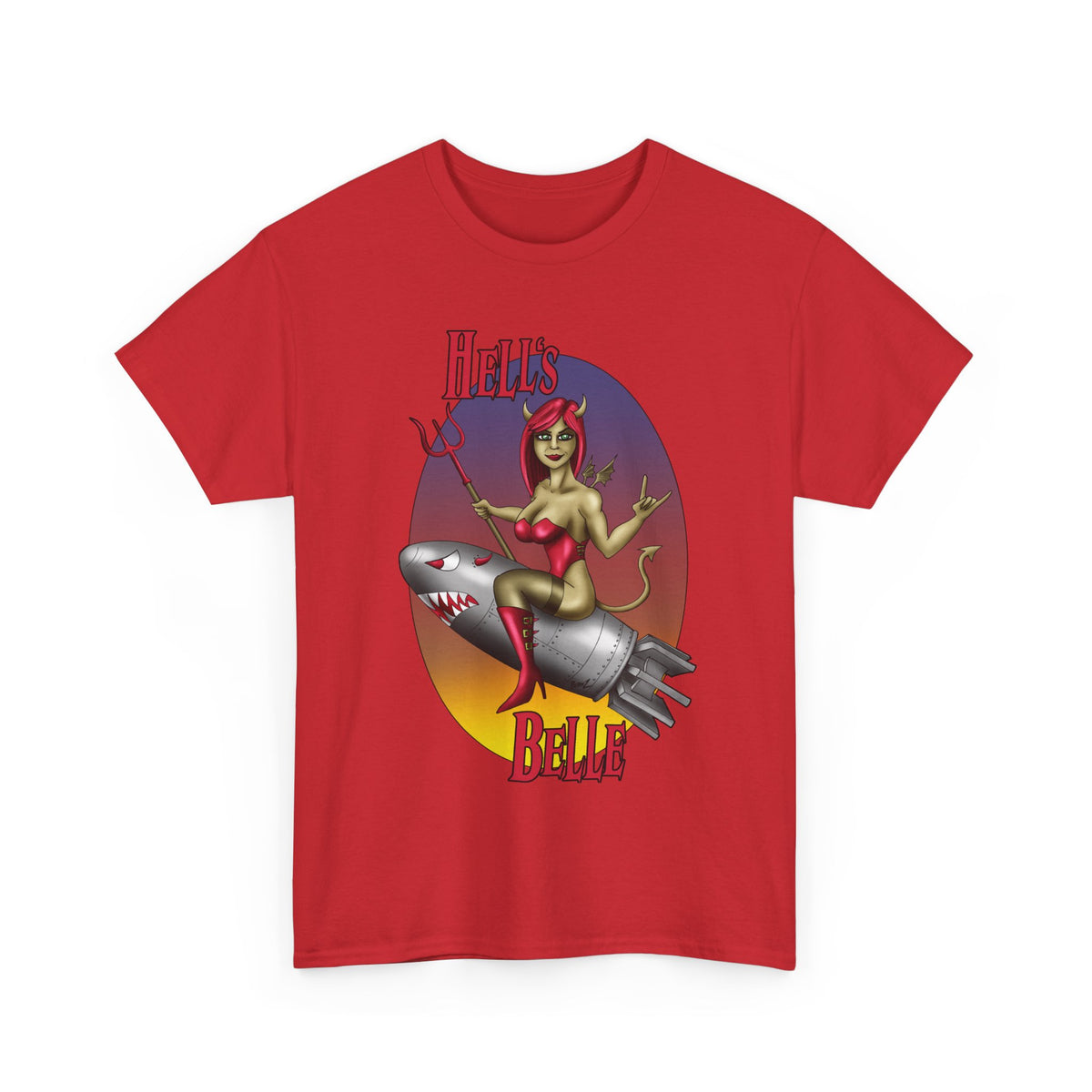 Hell's Belle Nose Art Pinup Tee - Retro Devil Girl Riding Rocket Graphic T-Shirt