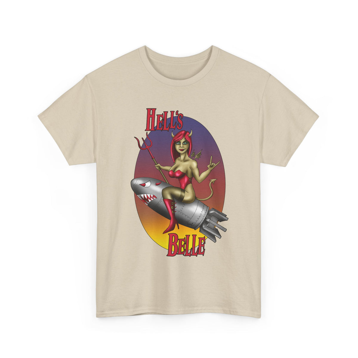 Hell's Belle Nose Art Pinup Tee - Retro Devil Girl Riding Rocket Graphic T-Shirt
