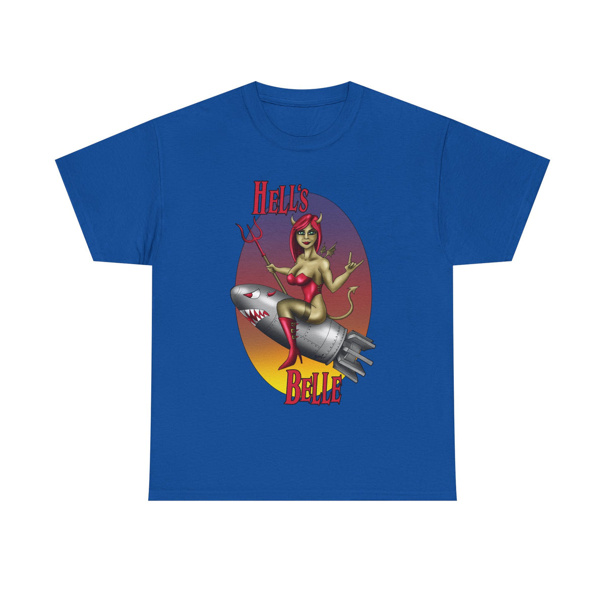 Hell's Belle Nose Art Pinup Tee - Retro Devil Girl Riding Rocket Graphic T-Shirt