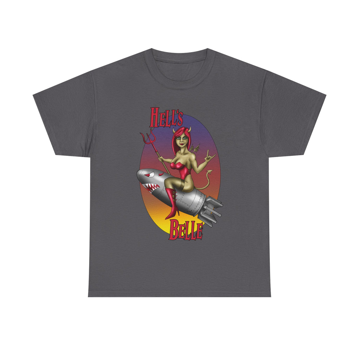 Hell's Belle Nose Art Pinup Tee - Retro Devil Girl Riding Rocket Graphic T-Shirt