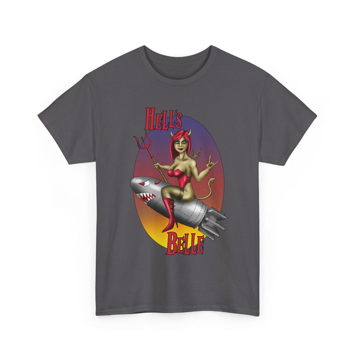 Hell's Belle Nose Art Pinup Tee - Retro Devil Girl Riding Rocket Graphic T-Shirt