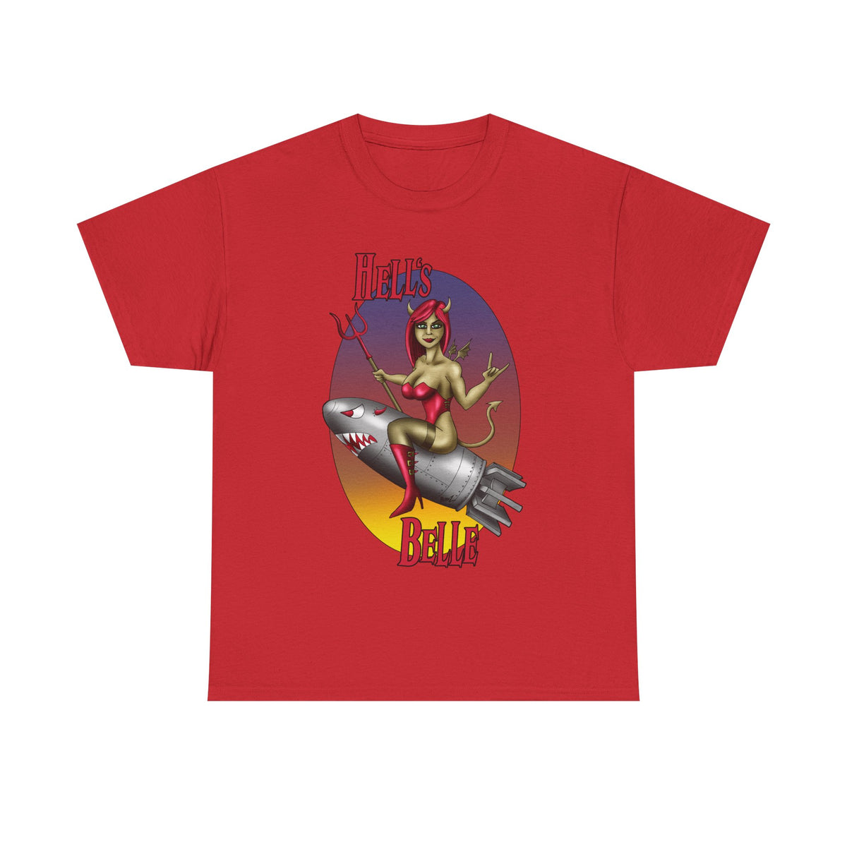 Hell's Belle Nose Art Pinup Tee - Retro Devil Girl Riding Rocket Graphic T-Shirt