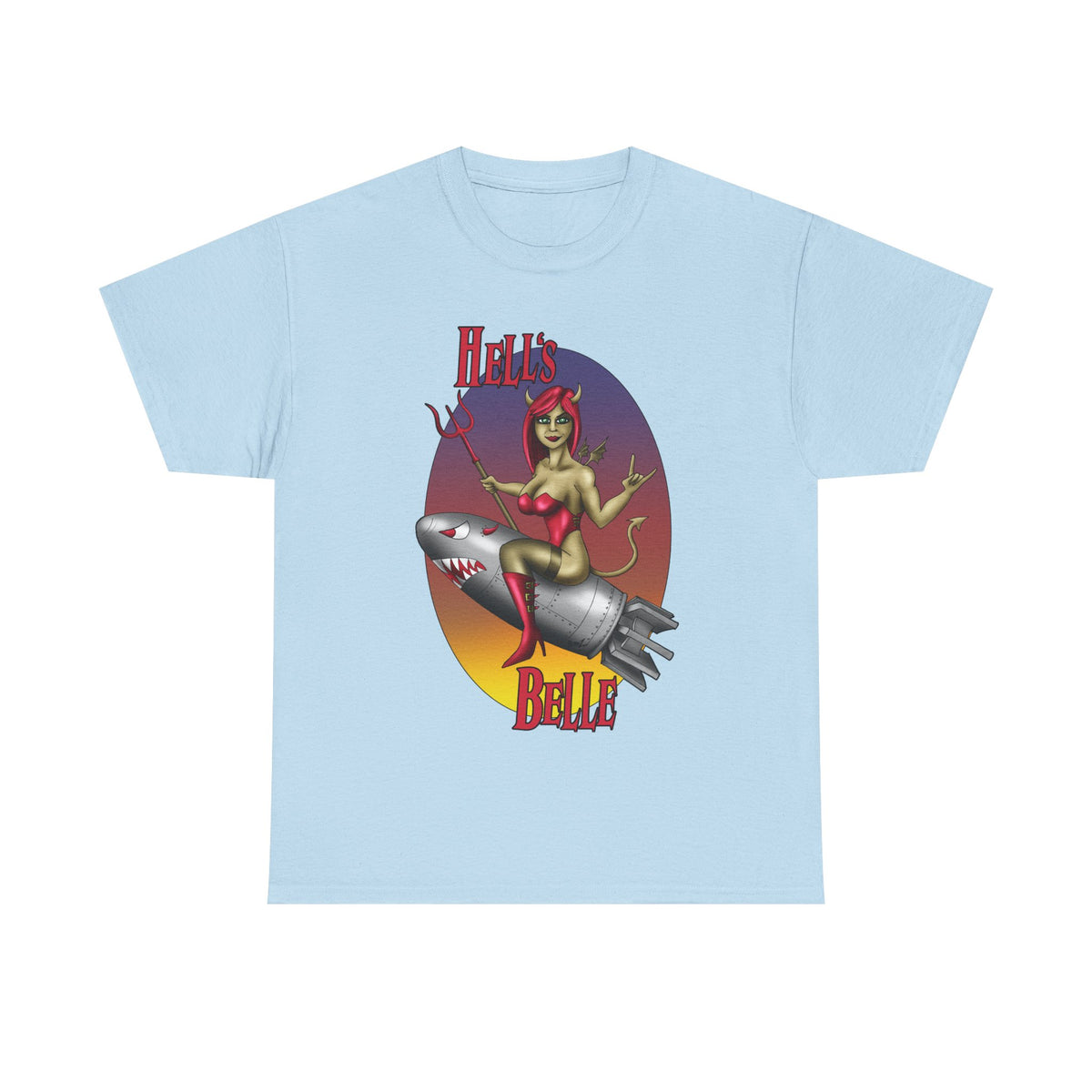 Hell's Belle Nose Art Pinup Tee - Retro Devil Girl Riding Rocket Graphic T-Shirt