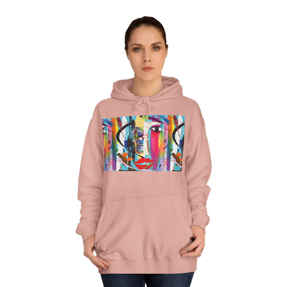 Abstract Colorful Face Hoodie — Vibrant Pop Art Graphic Pullover