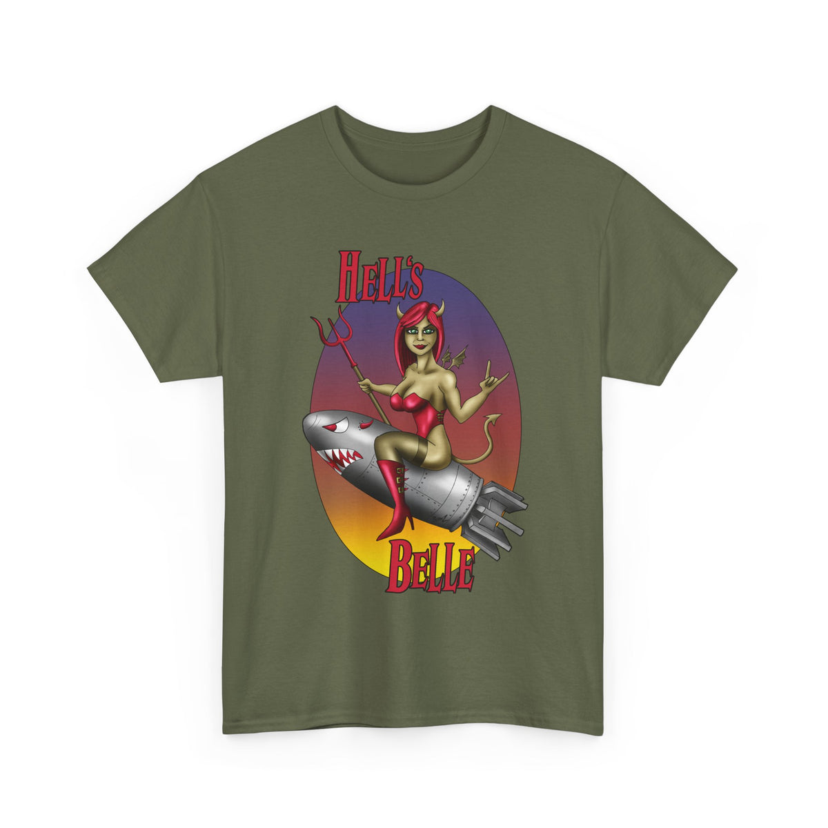 Hell's Belle Nose Art Pinup Tee - Retro Devil Girl Riding Rocket Graphic T-Shirt