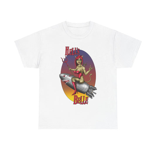 Hell's Belle Nose Art Pinup Tee - Retro Devil Girl Riding Rocket Graphic T-Shirt