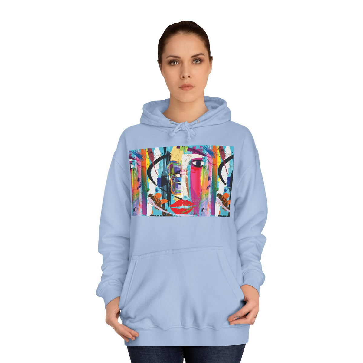 Abstract Colorful Face Hoodie — Vibrant Pop Art Graphic Pullover