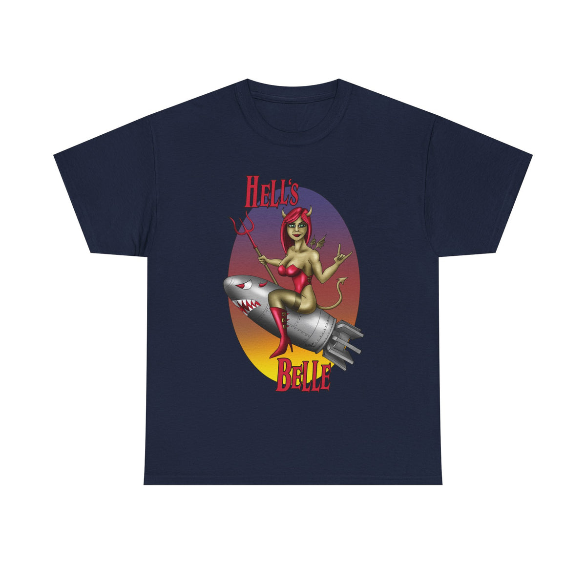 Hell's Belle Nose Art Pinup Tee - Retro Devil Girl Riding Rocket Graphic T-Shirt