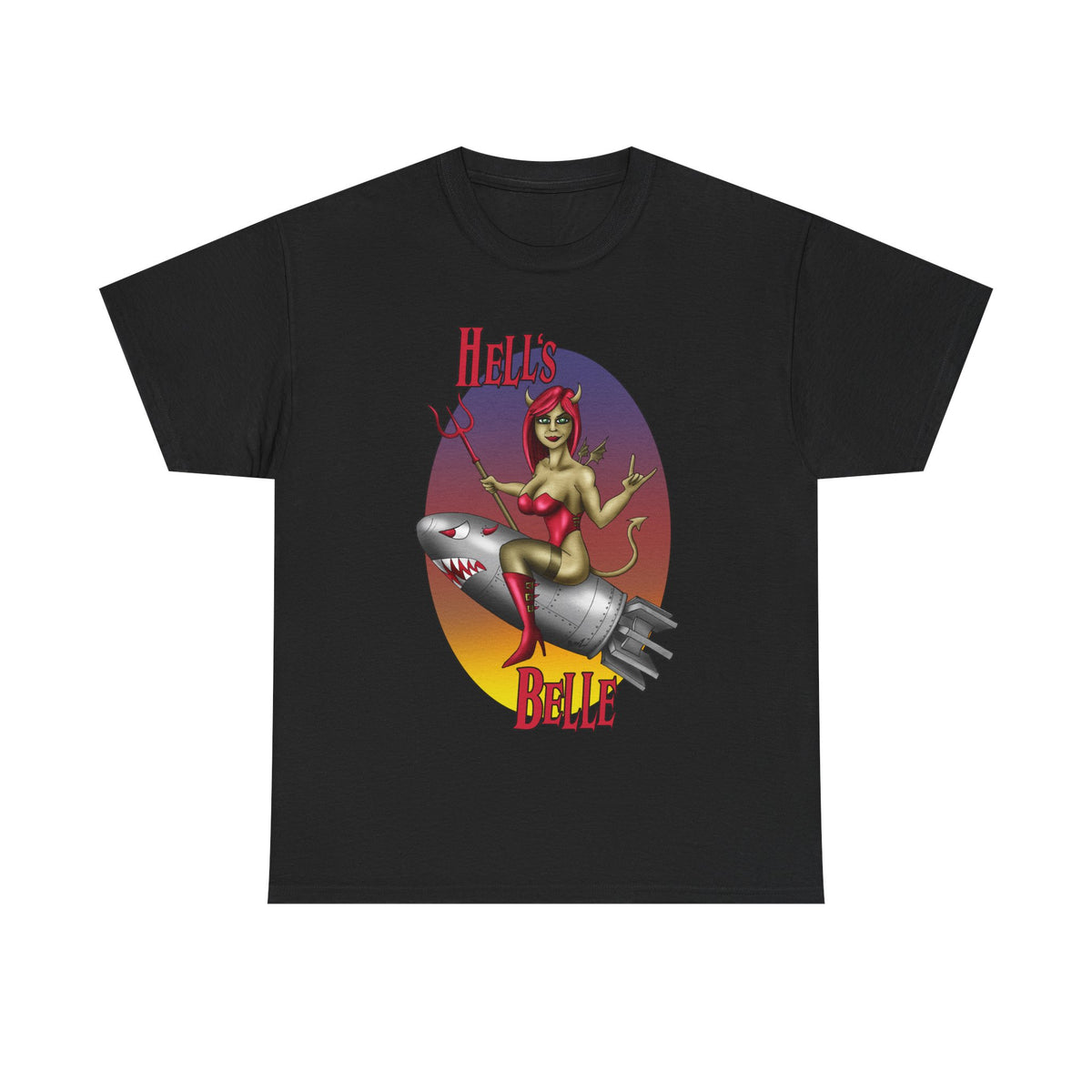 Hell's Belle Nose Art Pinup Tee - Retro Devil Girl Riding Rocket Graphic T-Shirt