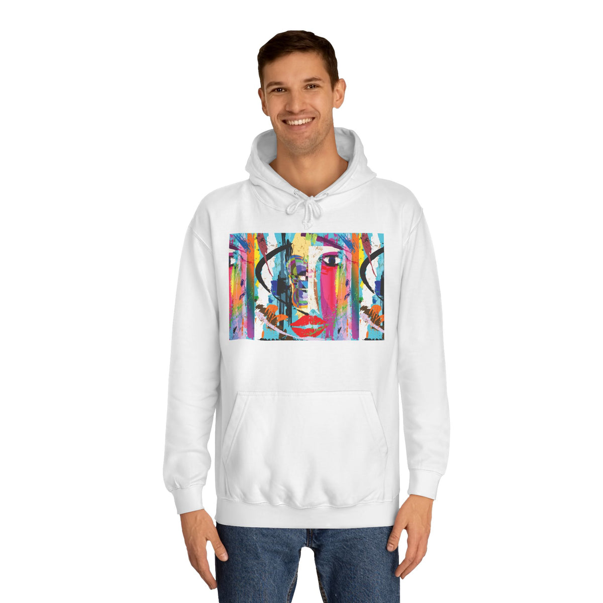 Abstract Colorful Face Hoodie — Vibrant Pop Art Graphic Pullover