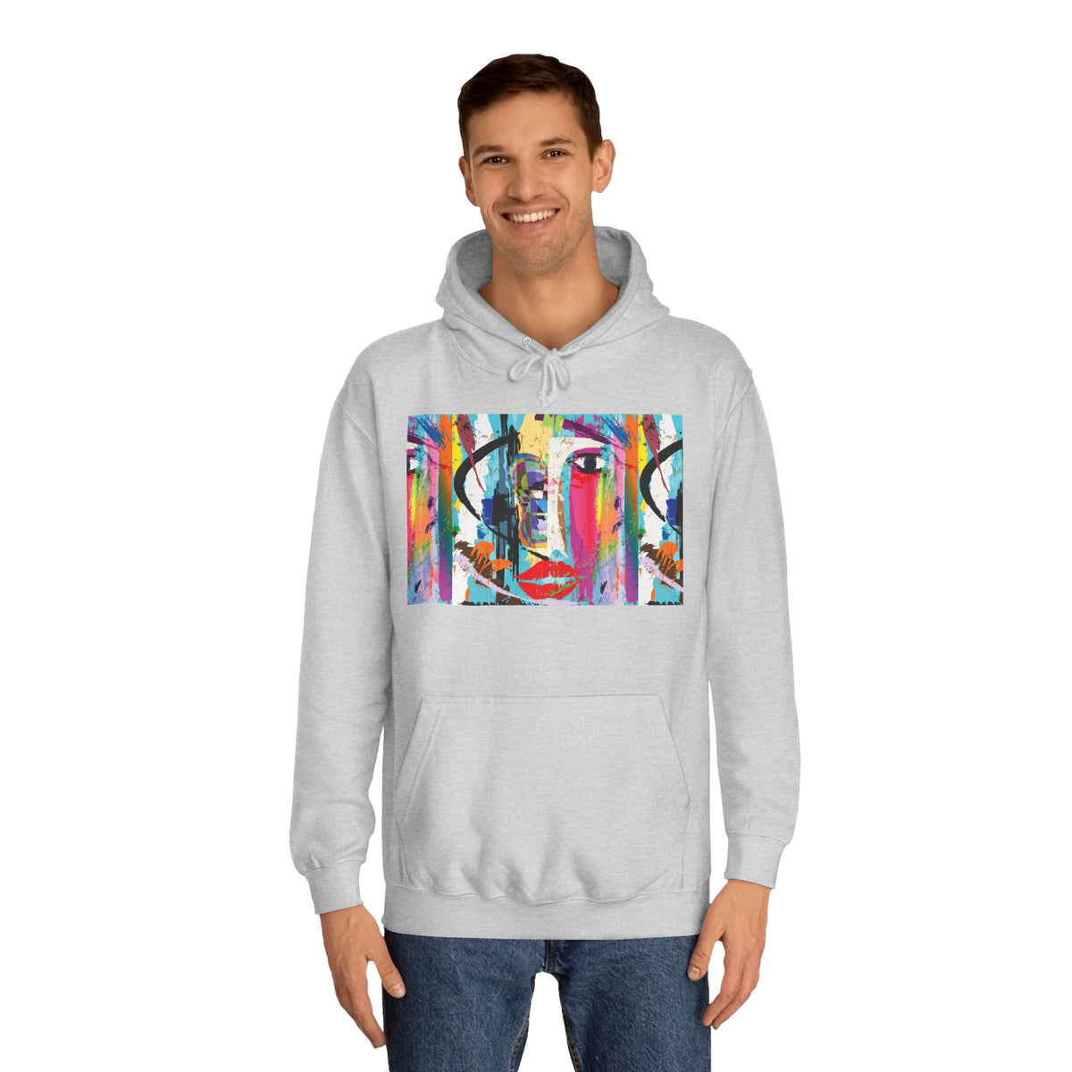 Abstract Colorful Face Hoodie — Vibrant Pop Art Graphic Pullover