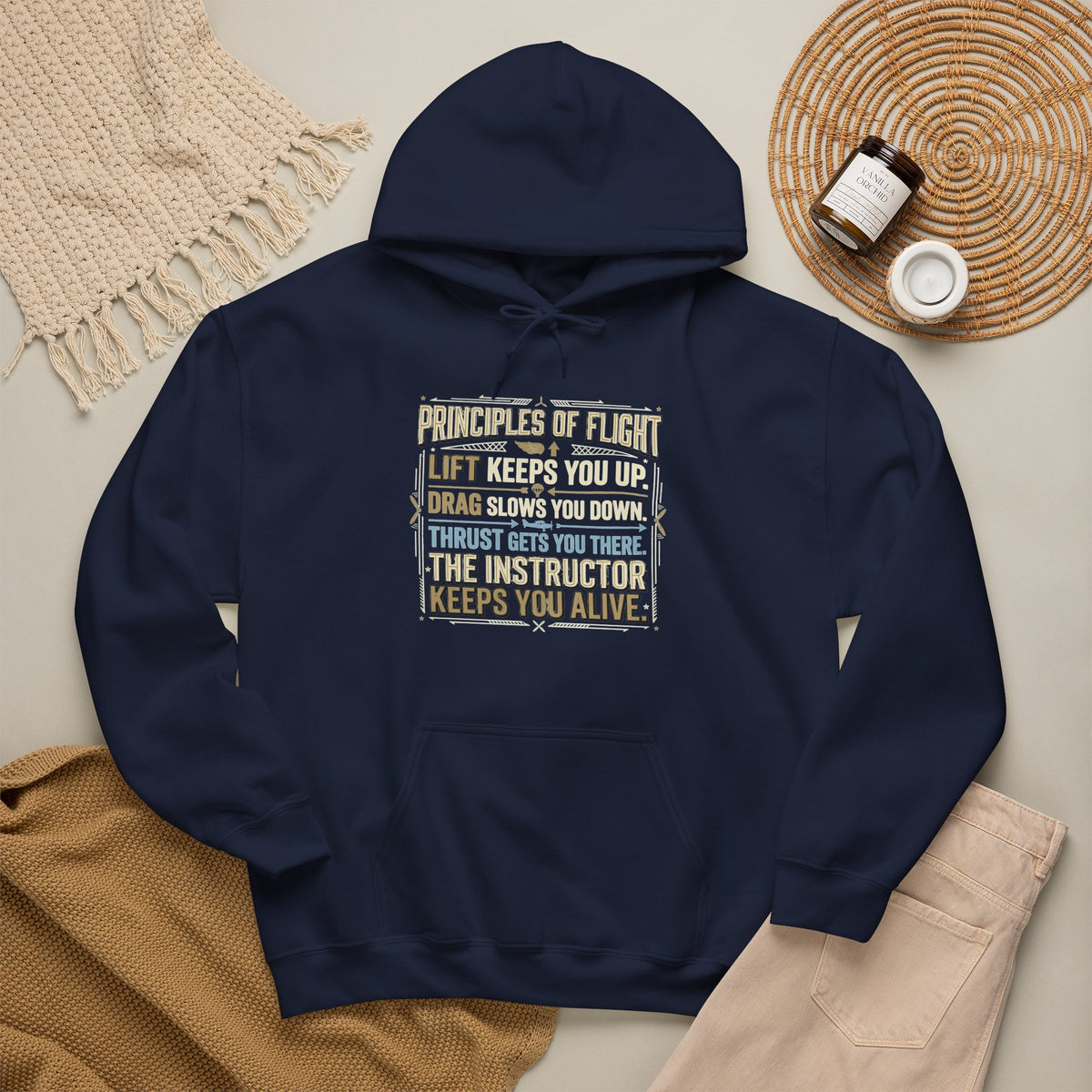 Pilot Instructor Hoodie — "Principles of Flight" Aviation Quote Hooded Sweatshirt