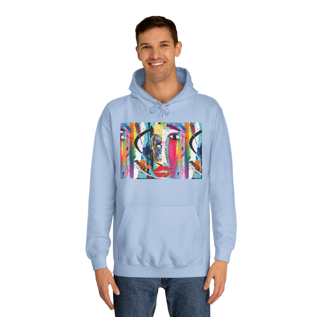 Abstract Colorful Face Hoodie — Vibrant Pop Art Graphic Pullover