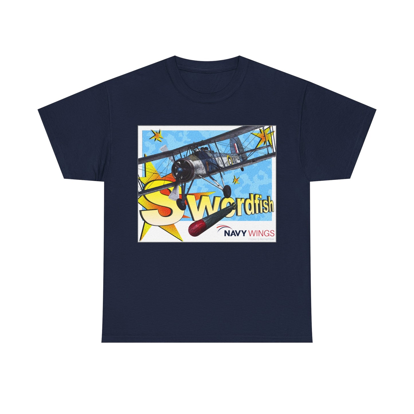 Swordfish Navy Wings T‑Shirt — Vintage Biplane Aviation Graphic Tee
