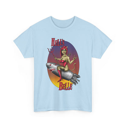 Hell's Belle Nose Art Pinup Tee - Retro Devil Girl Riding Rocket Graphic T-Shirt
