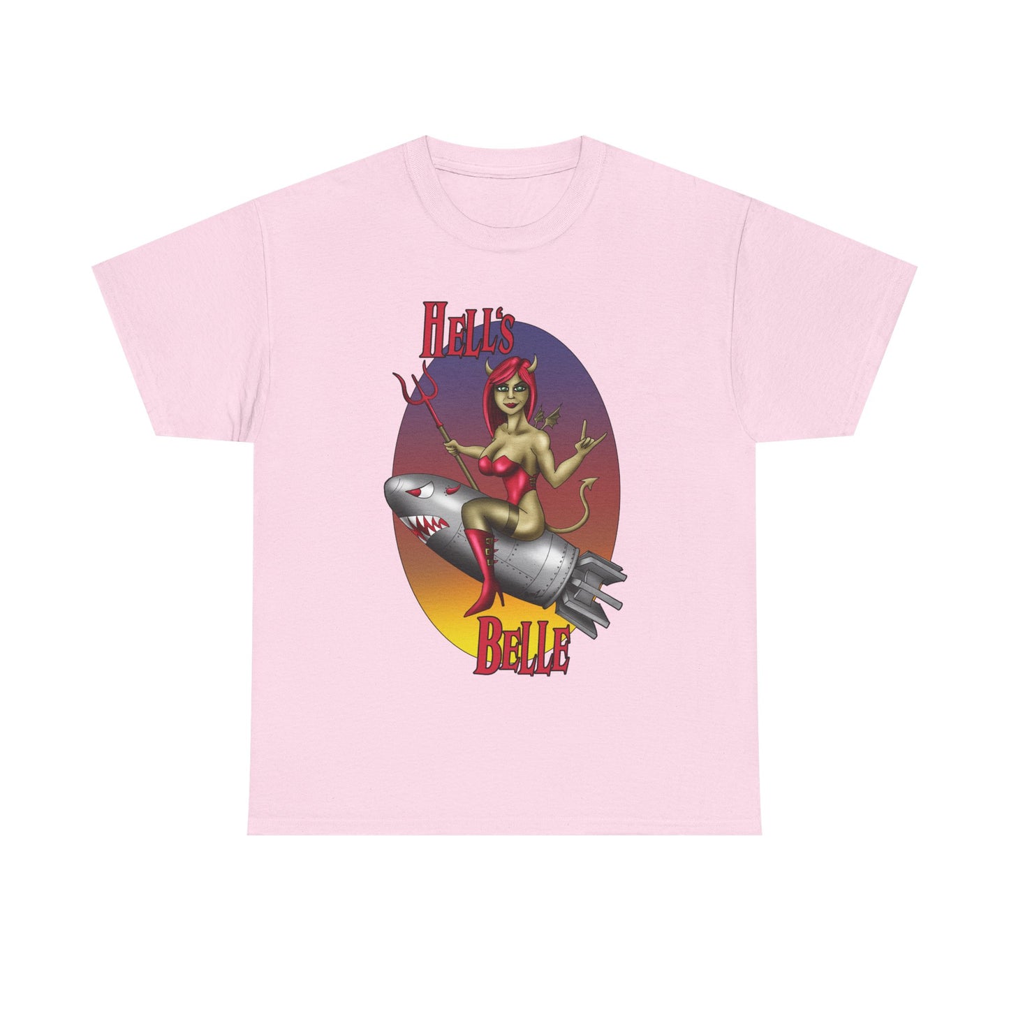 Hell's Belle Nose Art Pinup Tee - Retro Devil Girl Riding Rocket Graphic T-Shirt