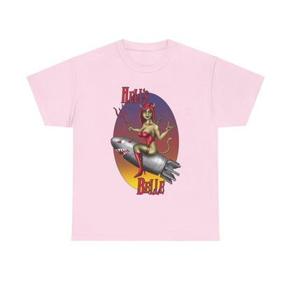 Hell's Belle Nose Art Pinup Tee - Retro Devil Girl Riding Rocket Graphic T-Shirt