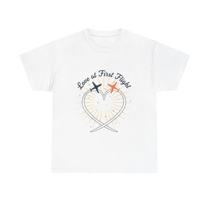 Love at First Flight T‑Shirt — Romantic Airplane Heart Valentine Tee