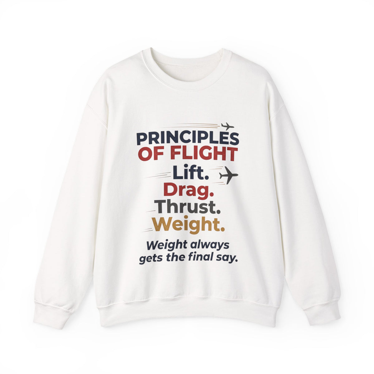 Crewneck Sweatshirt — "Principles of Flight: Lift. Drag. Thrust. Weight." Aviation Pilot Shirt