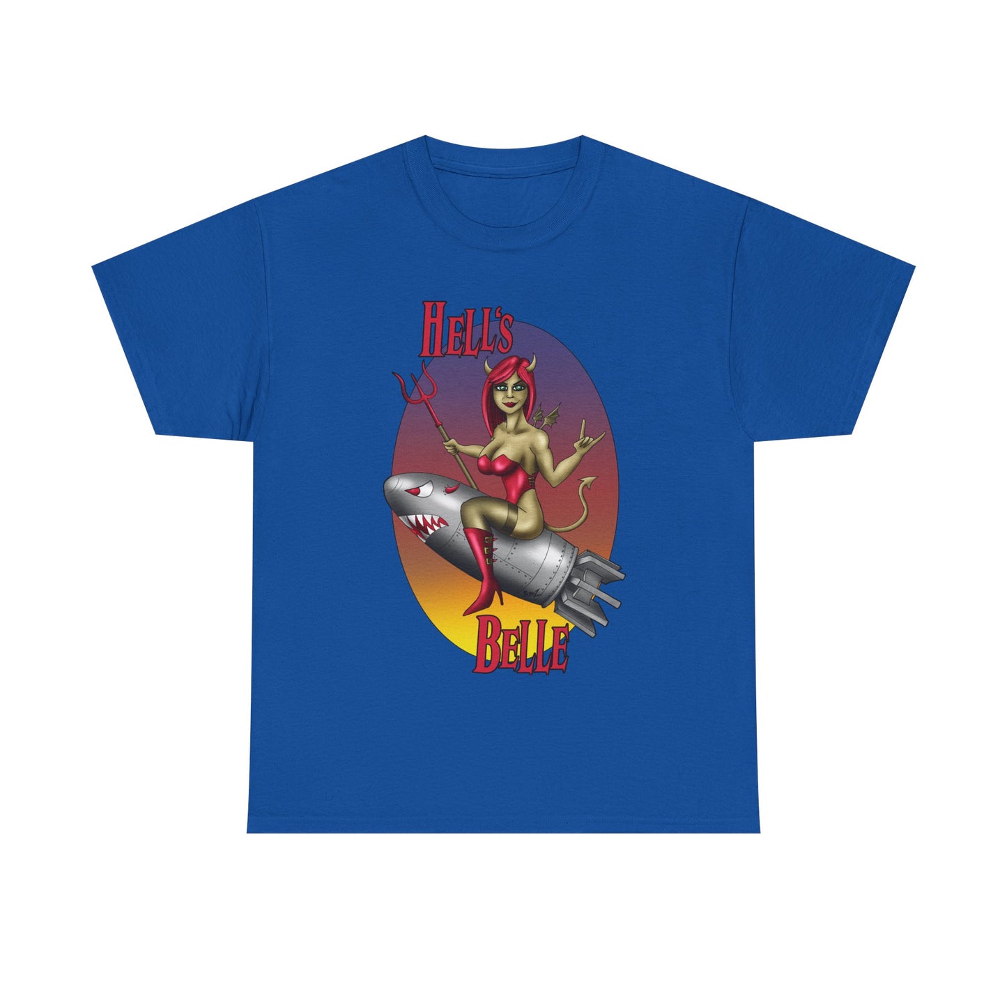 Hell's Belle Nose Art Pinup Tee - Retro Devil Girl Riding Rocket Graphic T-Shirt