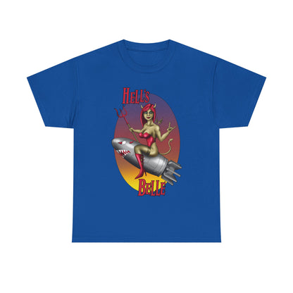Hell's Belle Nose Art Pinup Tee - Retro Devil Girl Riding Rocket Graphic T-Shirt