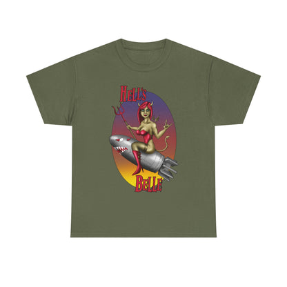 Hell's Belle Nose Art Pinup Tee - Retro Devil Girl Riding Rocket Graphic T-Shirt
