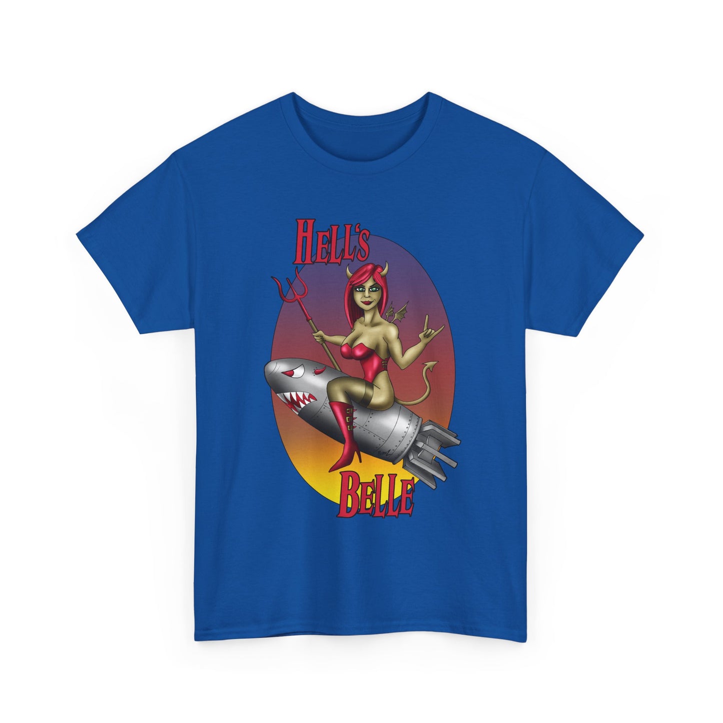 Hell's Belle Nose Art Pinup Tee - Retro Devil Girl Riding Rocket Graphic T-Shirt