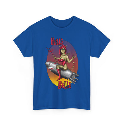Hell's Belle Nose Art Pinup Tee - Retro Devil Girl Riding Rocket Graphic T-Shirt