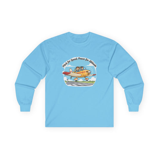 Vintage Airplane Long Sleeve Tee — "Pitch for Speed, Power for Altitude" Pilot Shirt