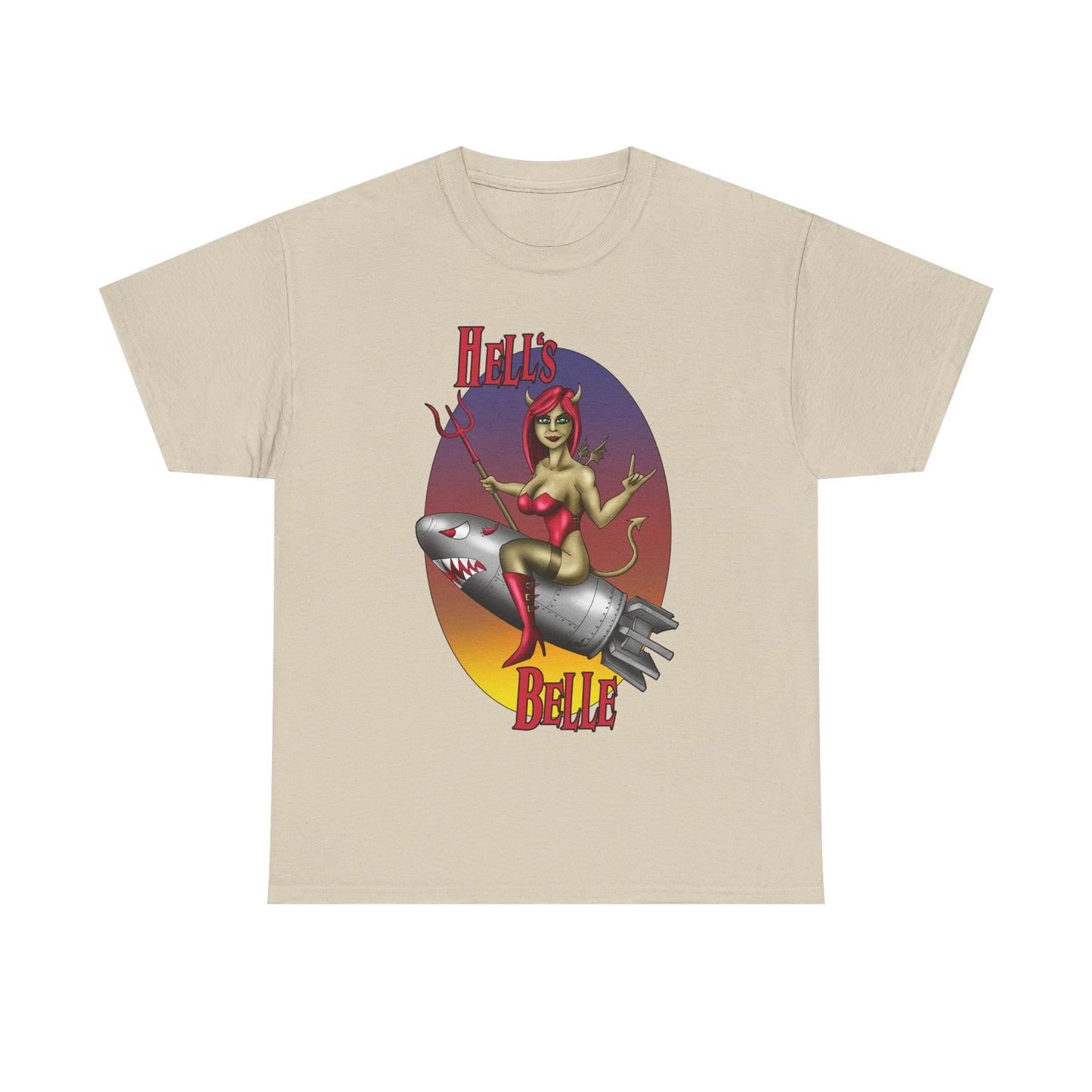 Hell's Belle Nose Art Pinup Tee - Retro Devil Girl Riding Rocket Graphic T-Shirt