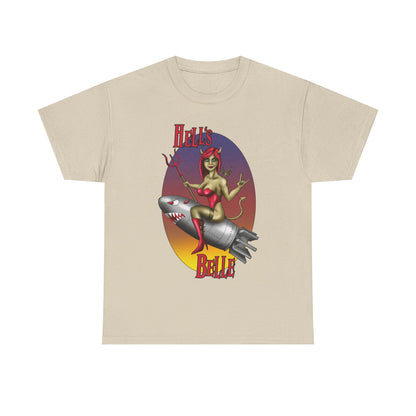 Hell's Belle Nose Art Pinup Tee - Retro Devil Girl Riding Rocket Graphic T-Shirt