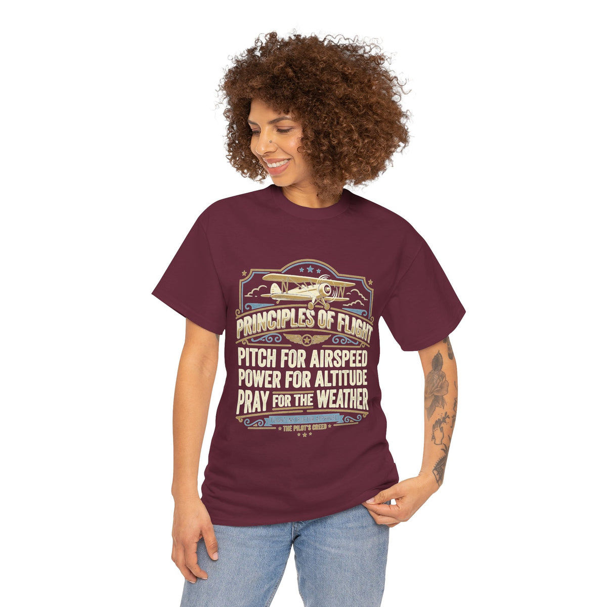 Aviator Principles T‑Shirt — "Principles of Flight: Pitch for Airspeed, Power for Altitude, Pray for the Weather"