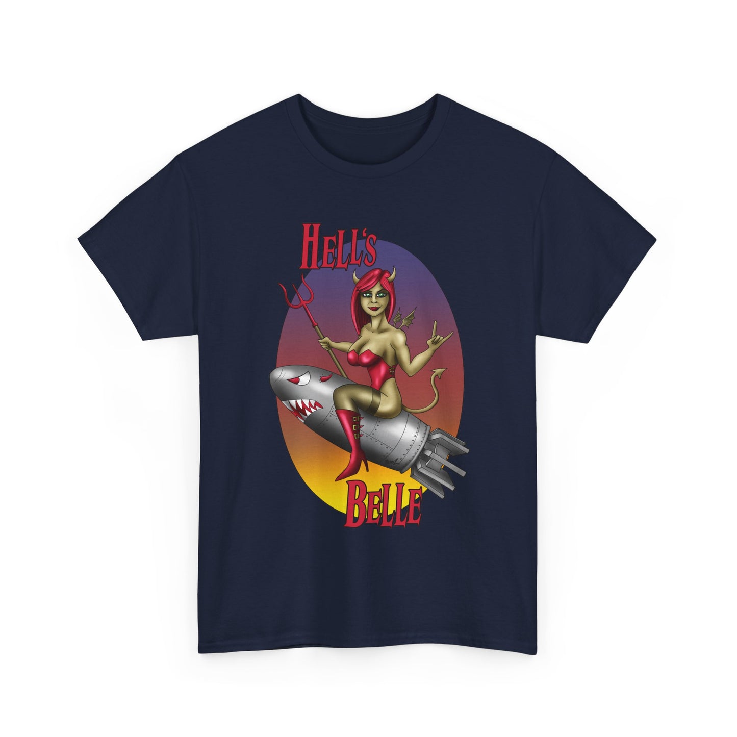 Hell's Belle Nose Art Pinup Tee - Retro Devil Girl Riding Rocket Graphic T-Shirt