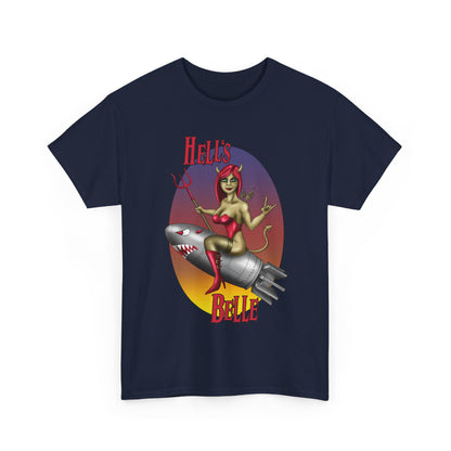 Hell's Belle Nose Art Pinup Tee - Retro Devil Girl Riding Rocket Graphic T-Shirt