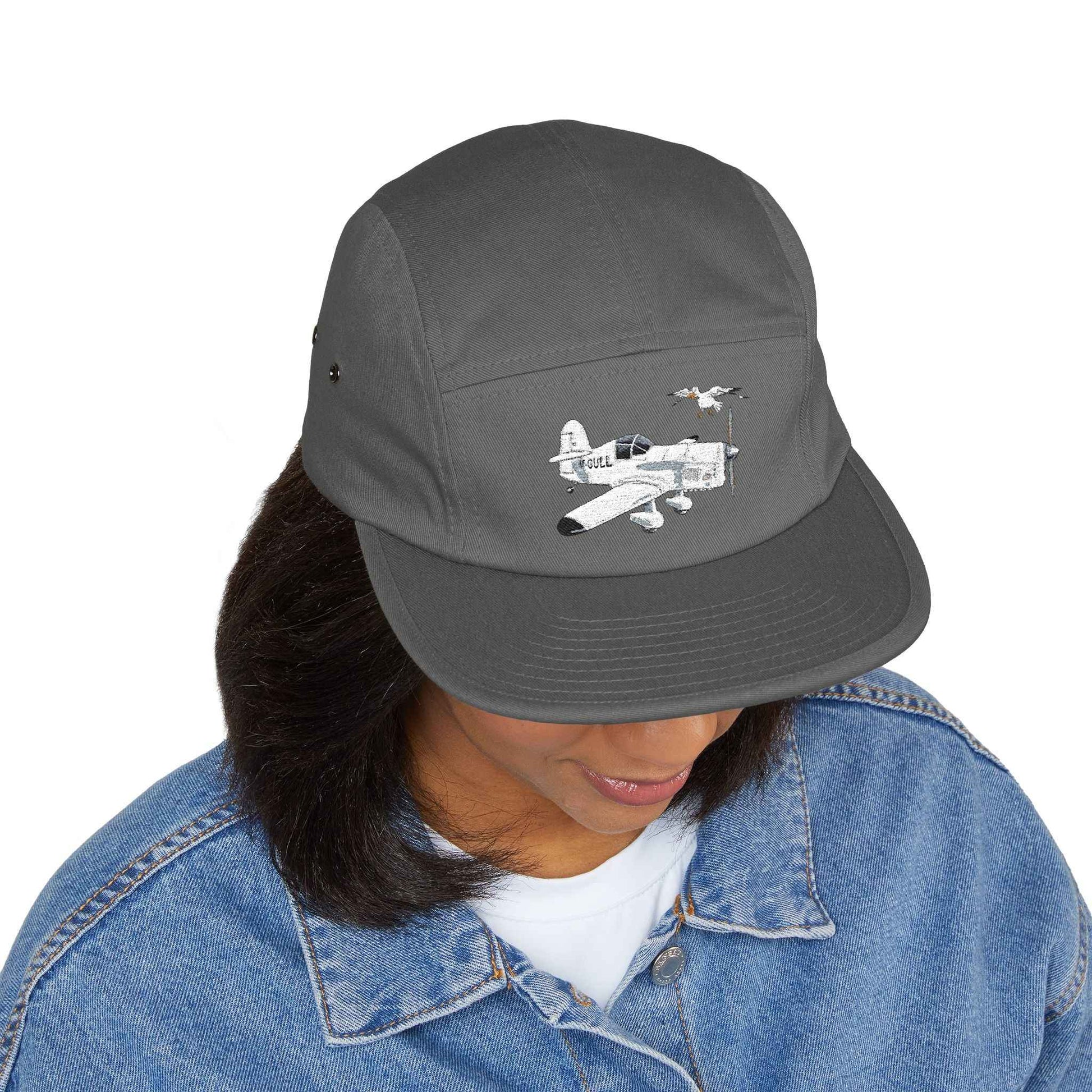 Vintage Mew Gull Aviation 5-Panel Cap — Minimalist Embroidered Pilot Hat