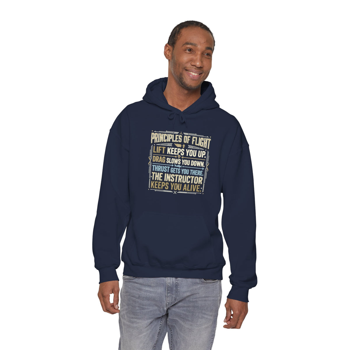 Pilot Instructor Hoodie — "Principles of Flight" Aviation Quote Hooded Sweatshirt