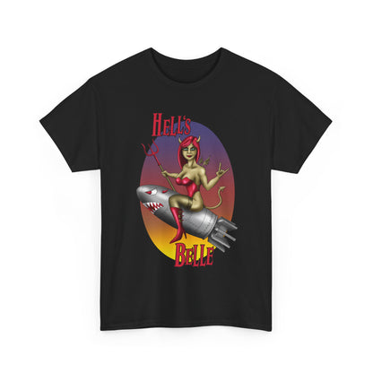 Hell's Belle Nose Art Pinup Tee - Retro Devil Girl Riding Rocket Graphic T-Shirt