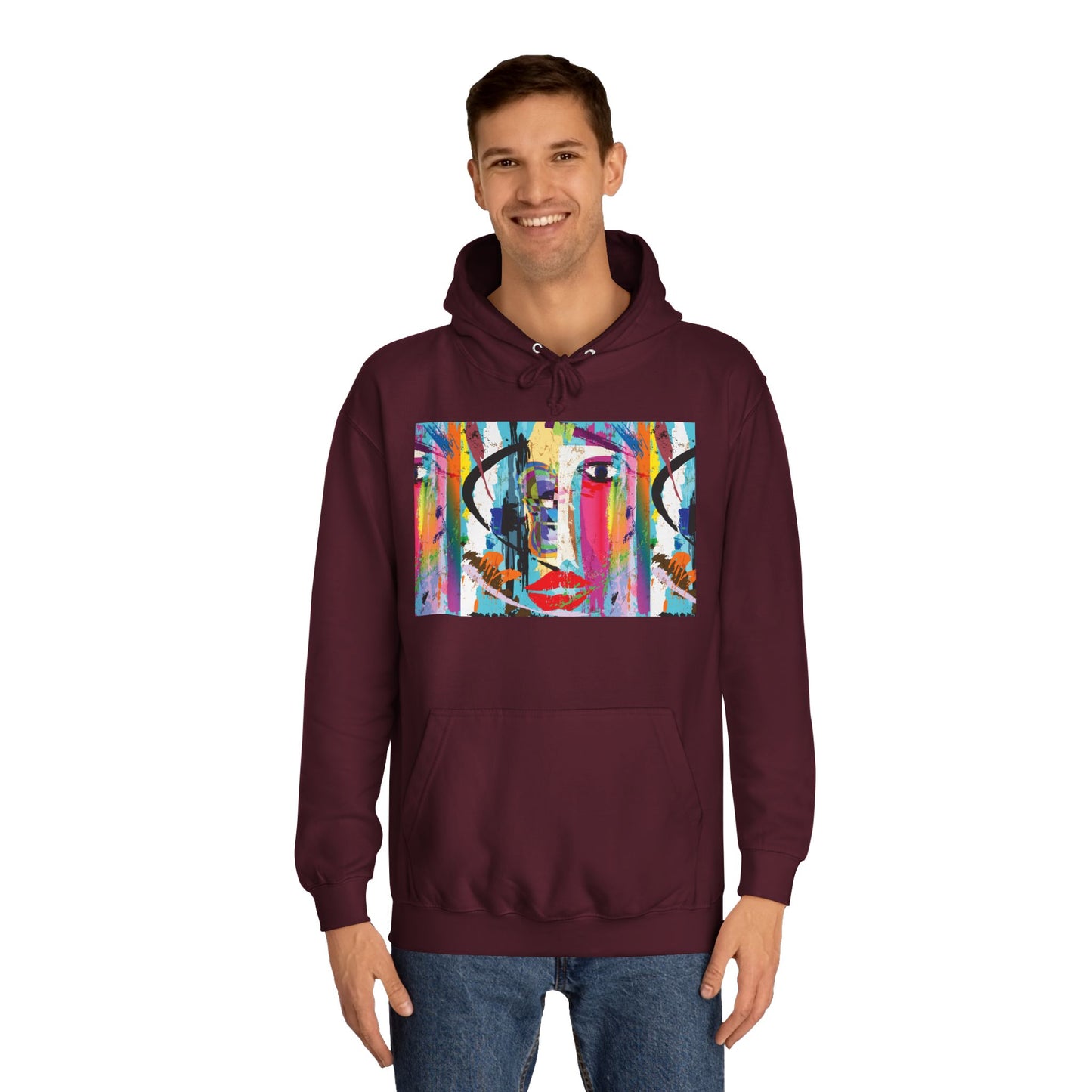 Abstract Colorful Face Hoodie — Vibrant Pop Art Graphic Pullover