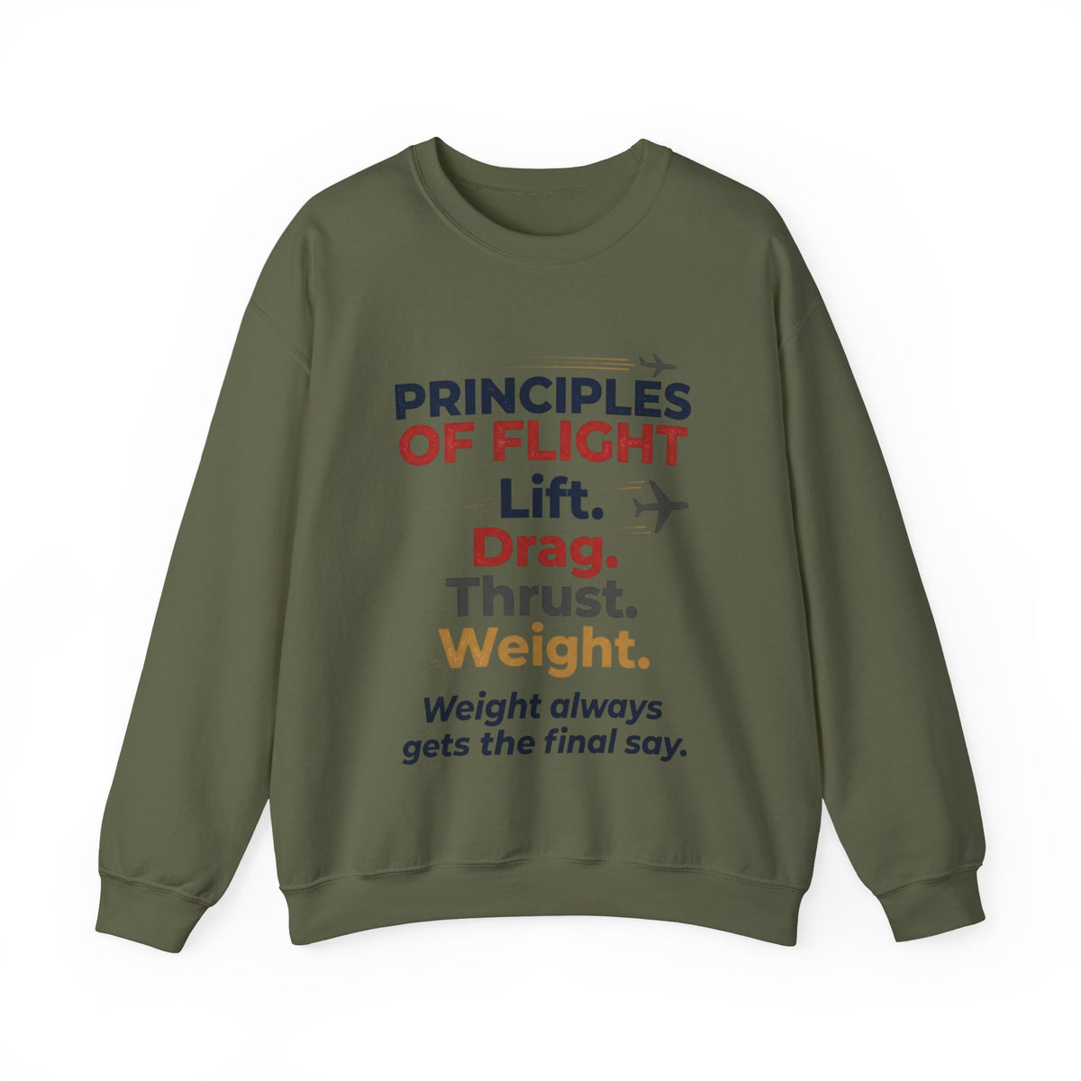 Crewneck Sweatshirt — "Principles of Flight: Lift. Drag. Thrust. Weight." Aviation Pilot Shirt