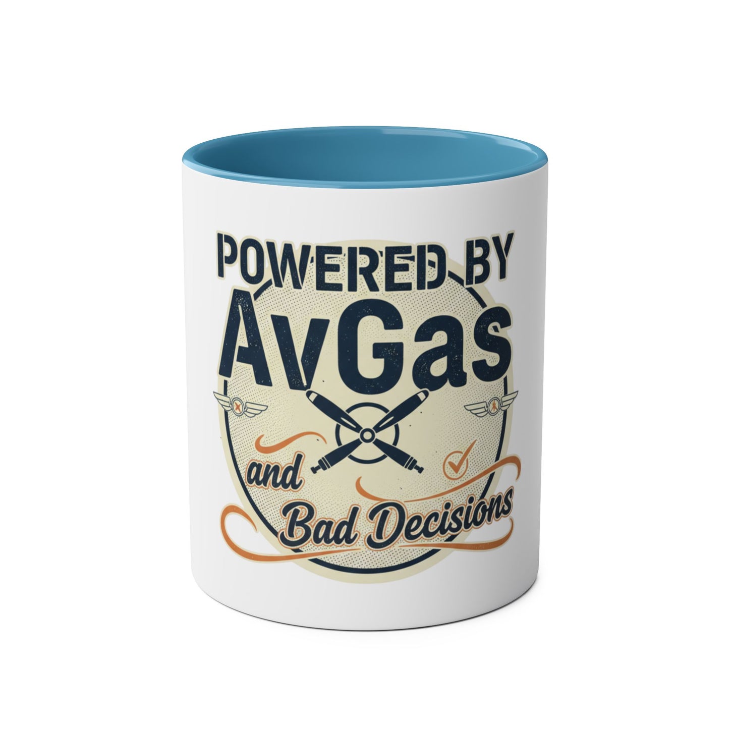 Aviator Coffee Mug — "Powered by AvGas and Bad Decisions" 11oz Two-Tone