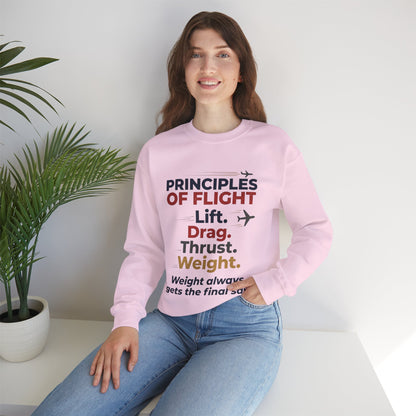 Crewneck Sweatshirt — "Principles of Flight: Lift. Drag. Thrust. Weight." Aviation Pilot Shirt