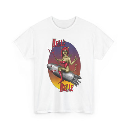 Hell's Belle Nose Art Pinup Tee - Retro Devil Girl Riding Rocket Graphic T-Shirt