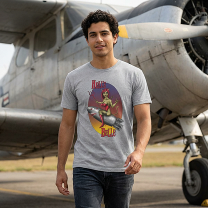 Hell's Belle Nose Art Pinup Tee - Retro Devil Girl Riding Rocket Graphic T-Shirt