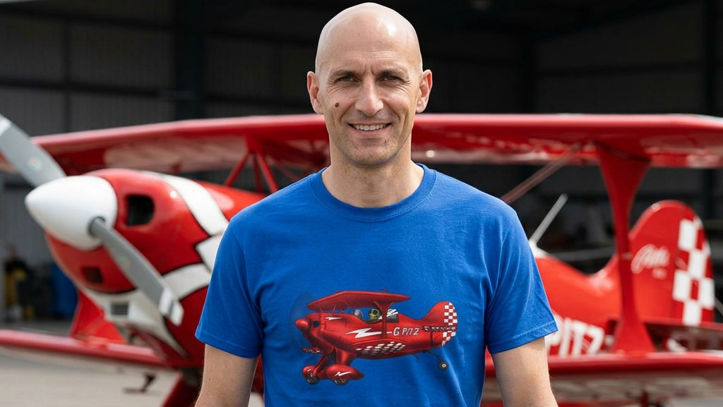 Man wearing a blue t-shirt with an airplane design in front of a red Pitz Aircraft
