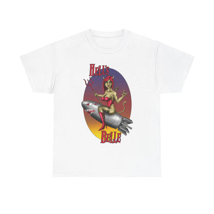 Hell's Belle Nose Art Pinup Tee - Retro Devil Girl Riding Rocket Graphic T-Shirt
