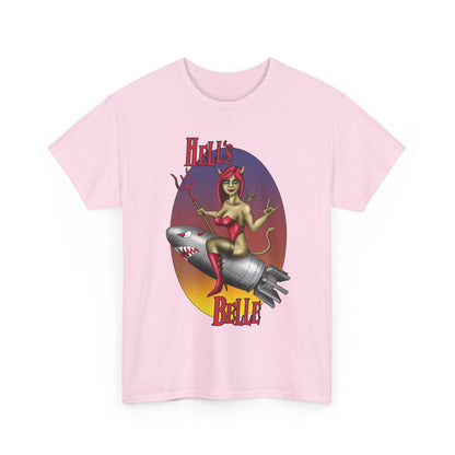 Hell's Belle Nose Art Pinup Tee - Retro Devil Girl Riding Rocket Graphic T-Shirt