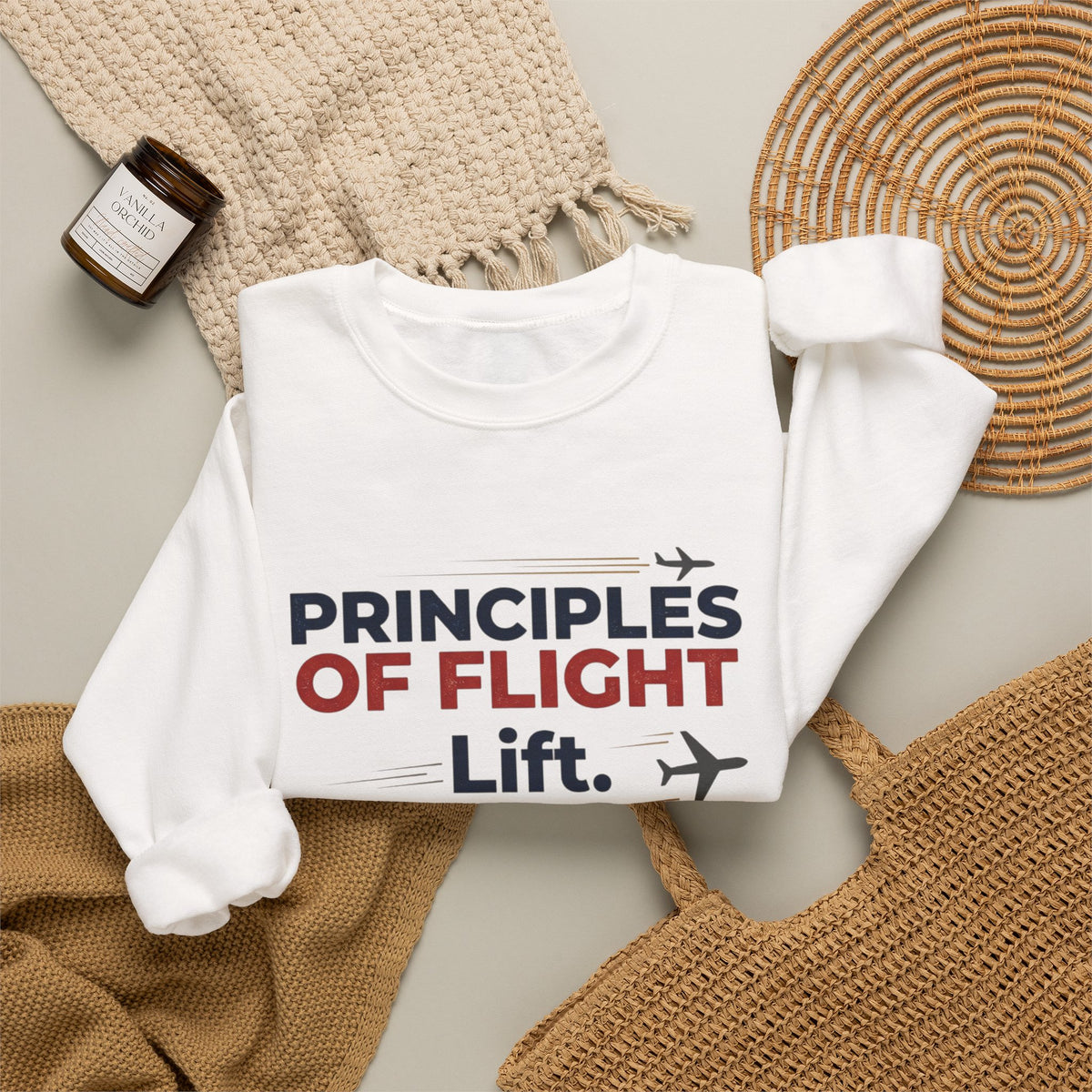 Crewneck Sweatshirt — "Principles of Flight: Lift. Drag. Thrust. Weight." Aviation Pilot Shirt