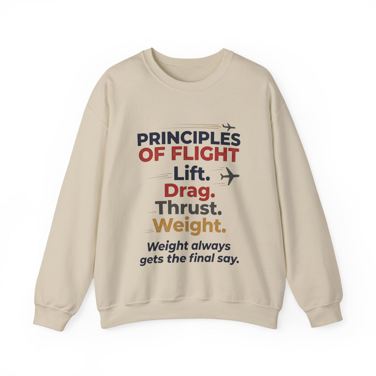 Crewneck Sweatshirt — "Principles of Flight: Lift. Drag. Thrust. Weight." Aviation Pilot Shirt